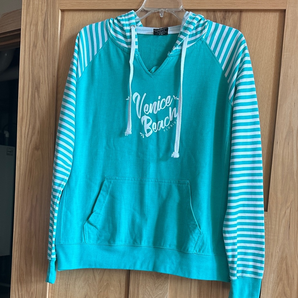 Women's Teal Stripe Sleeve Hooded Sweatshirt - Venice Beach